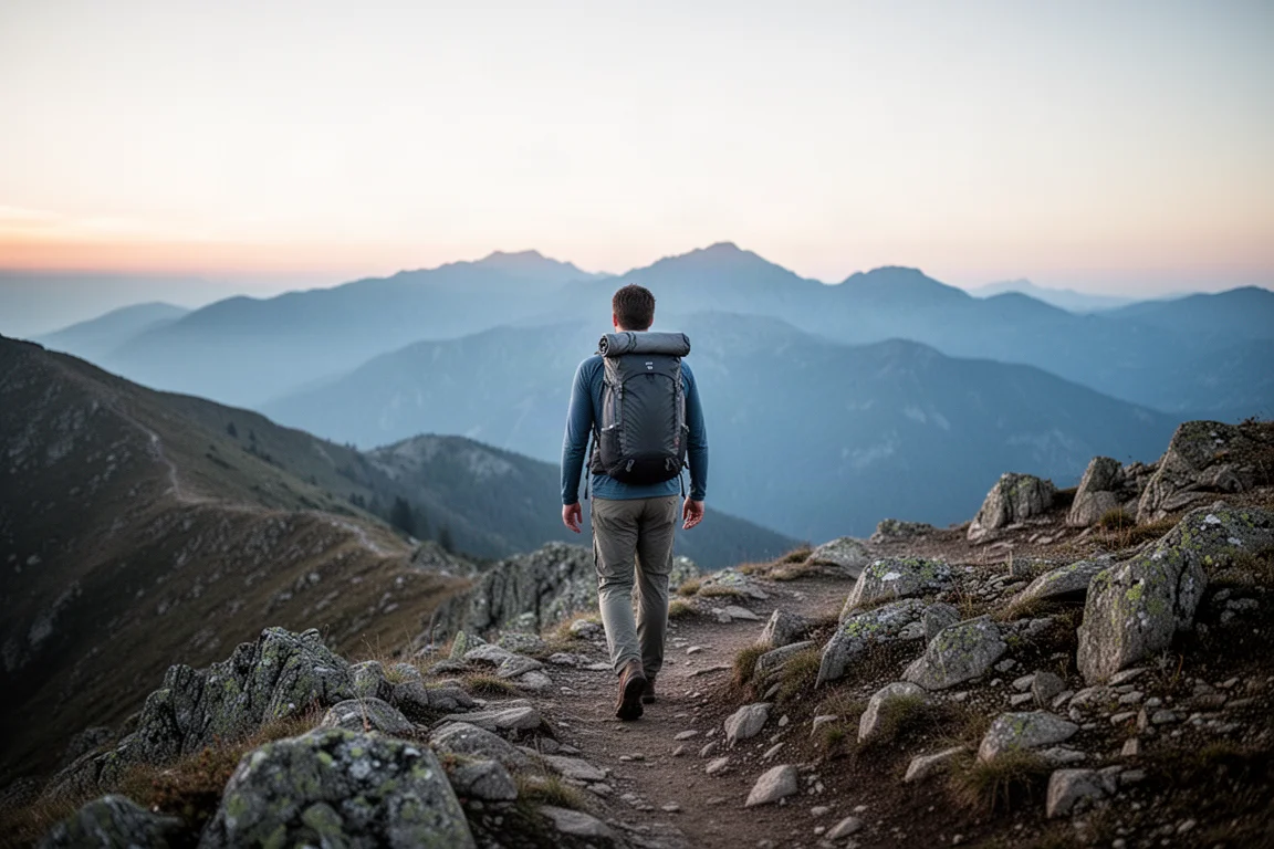 Mochilero caminando por un sendero de cresta rocosa al amanecer con una mochila compacta sin armazón