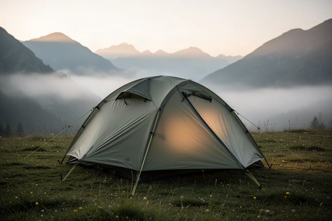 Tienda ligera para una persona tensada sobre una pradera alpina de hierba al amanecer