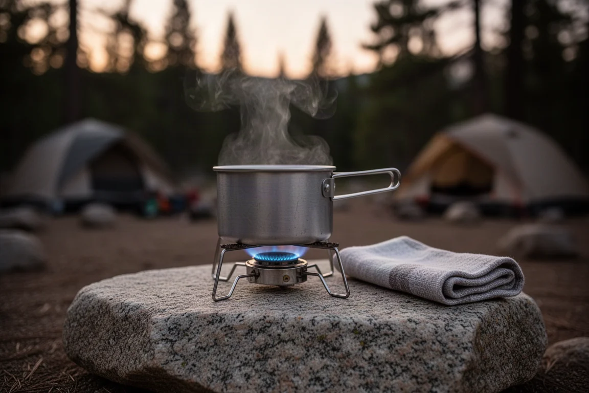 Olla pequeña de aluminio sobre un hornillo diminuto en una roca de granito al atardecer con vapor