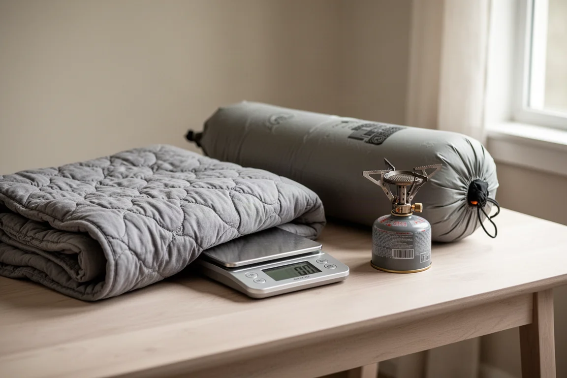 Balance de cuisine avec une couette, un matelas de camping et un réchaud sur une table en bois