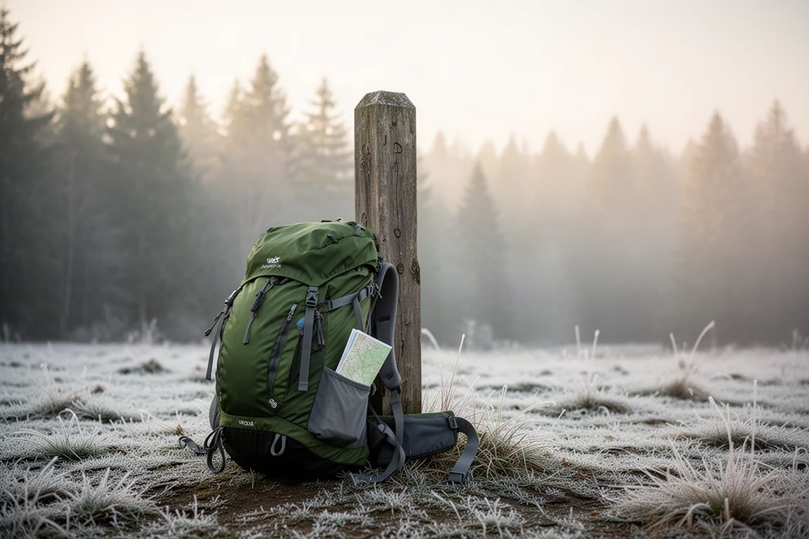 Packad ultralätt backpack som lutar mot en ledmarkör i gryningen med frost på marken