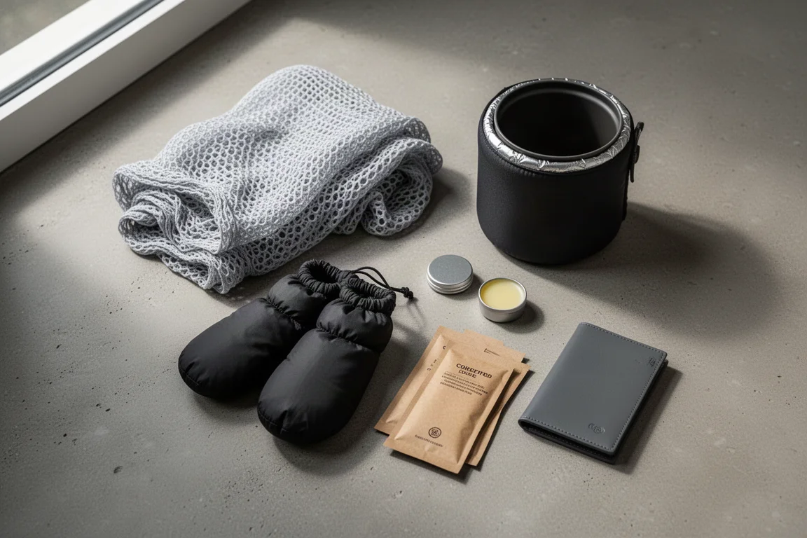 Flat-lay of ultralight cold weather camping accessories on a concrete surface
