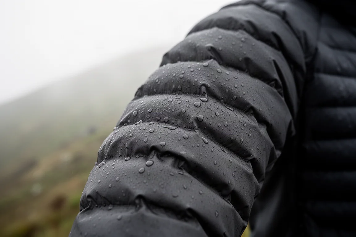 Regen perlt auf dem dunklen gesteppten Stoff einer isolierten wasserdichten Jacke ab
