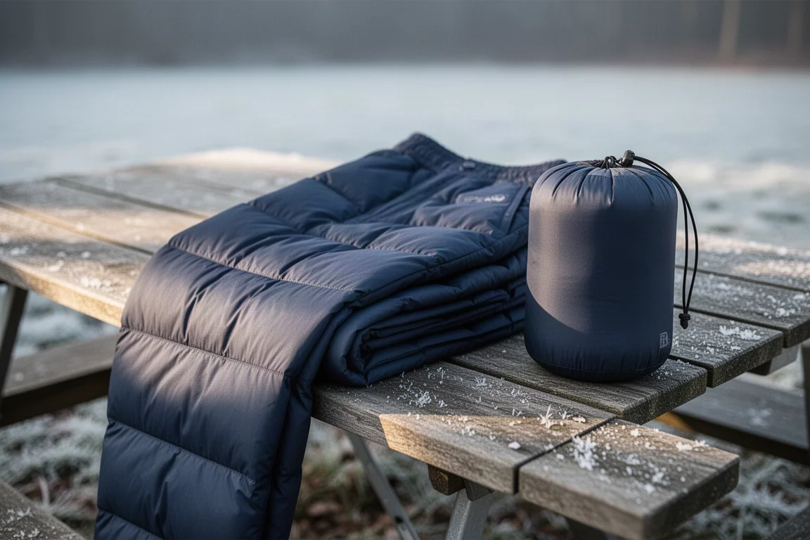 Gesteppte Daunenhose zusammengefaltet neben einem kleinen Packsack auf einem verwitterten Campingtisch