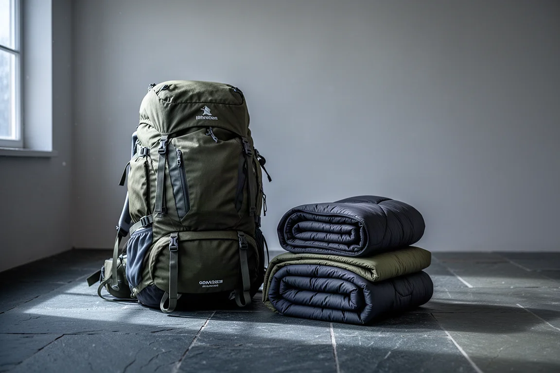 Gepackter Wanderrucksack neben gerollten isolierten Schichten im kalten Morgenlicht
