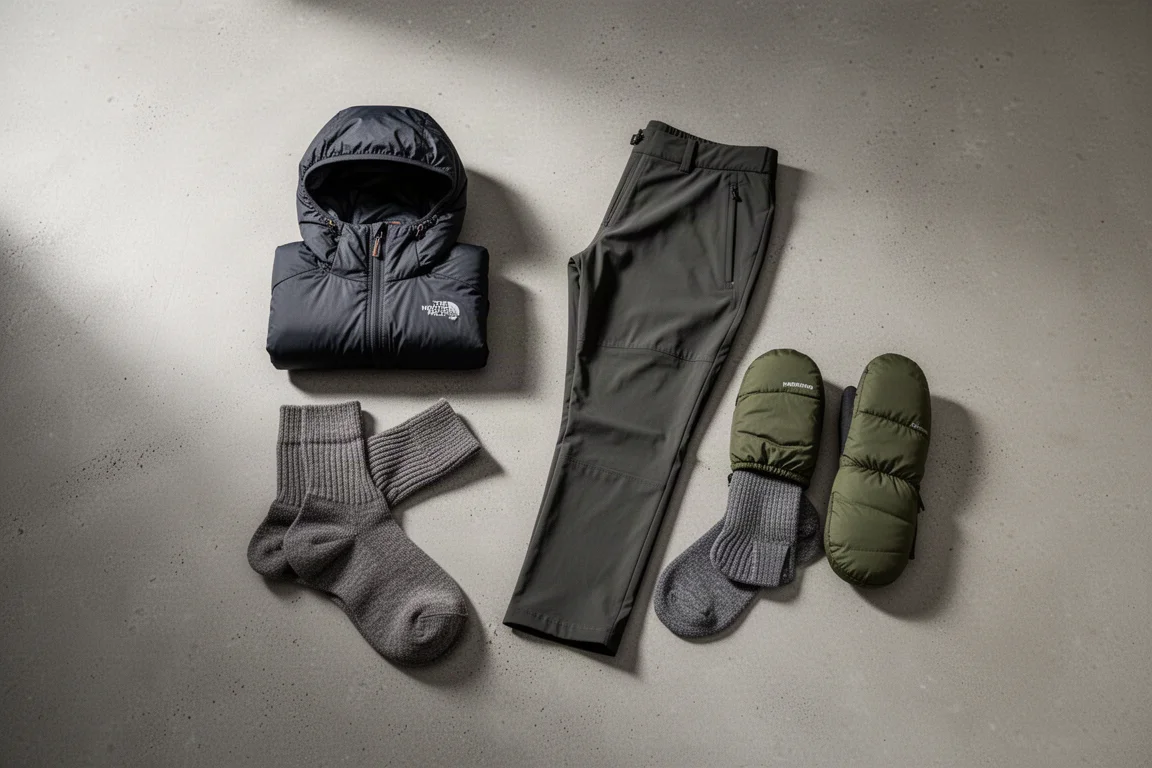 Flat-lay of ultralight hiking layers including a synthetic hoodie, insulated trousers, mitts and merino socks