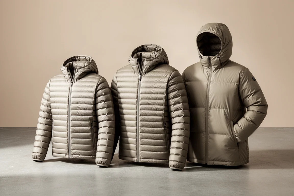 Three lightweight down jackets arranged side by side on a matte concrete surface