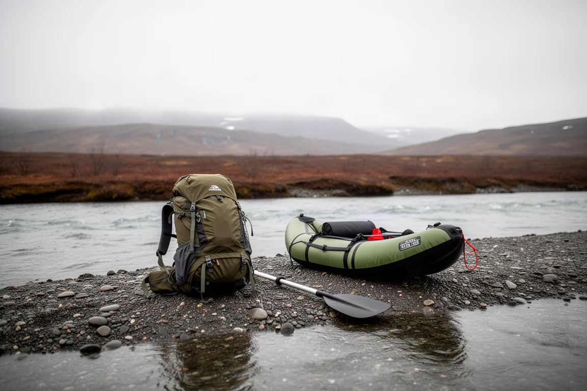 Leichter Rucksack, Packraft und Paddel auf einem Kiesufer bei bedecktem Licht ausgelegt