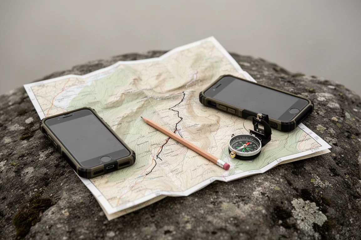 Gefaltete topografische Karte auf einem Felsen mit Smartphone, Kompass und Bleistift zur Routenmarkierung