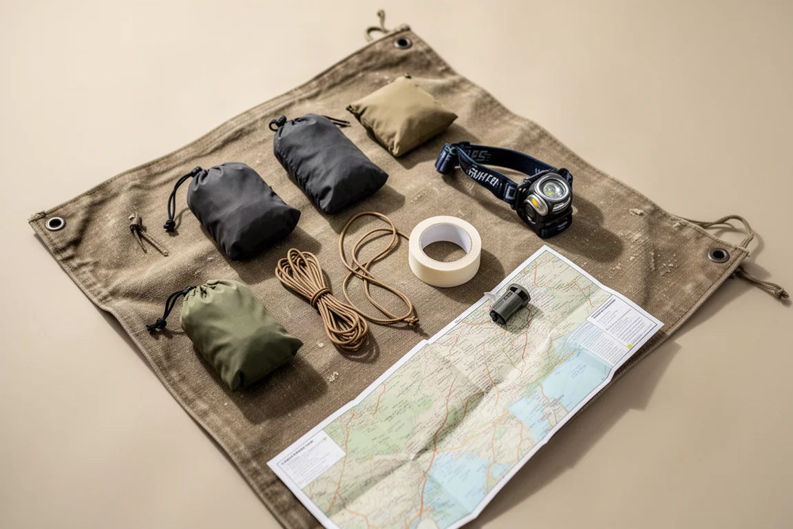 Draufsicht als Flat-Lay auf Trekking-Essentials auf einer Canvas-Plane, inklusive Tape, Kordel und Stirnlampe