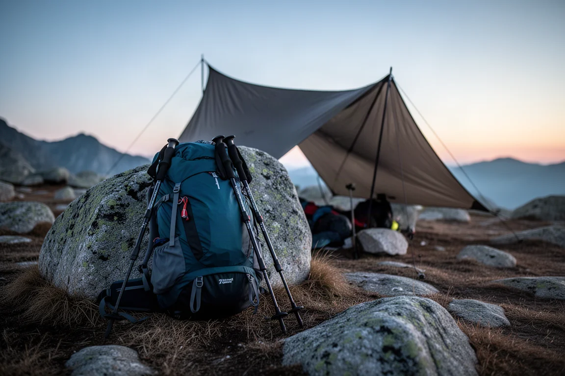 黃昏高山營地,裝滿嘅超輕背囊同登山杖靠喺巨石旁
