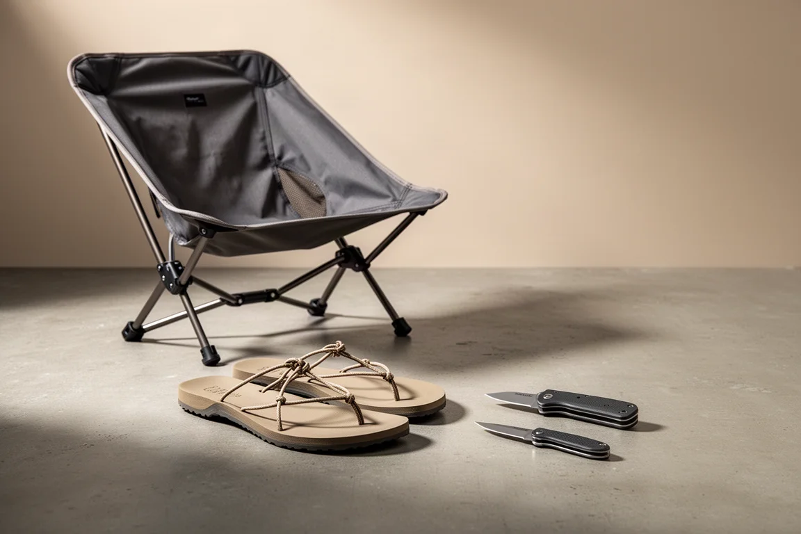 Low camp chair, minimalist trail sandals and small folding knife arranged on concrete