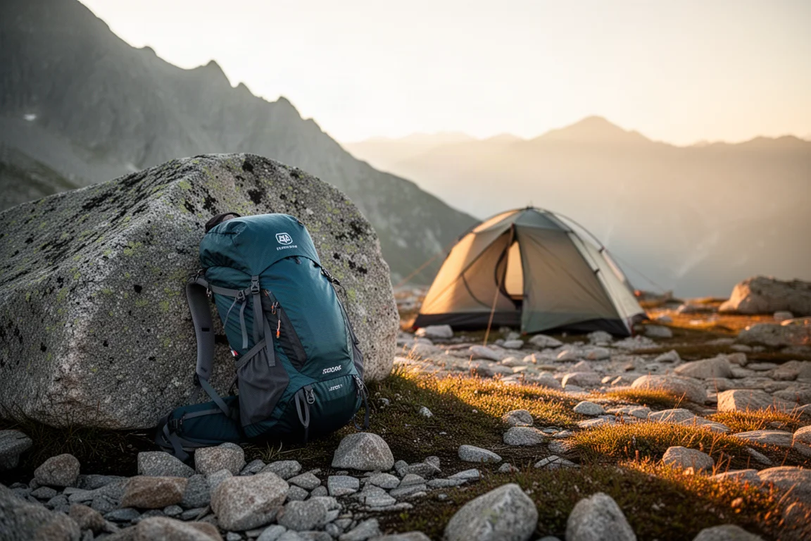 Loaded ultralight backpack leaning against a granite boulder at a high alpine campsite in evening light