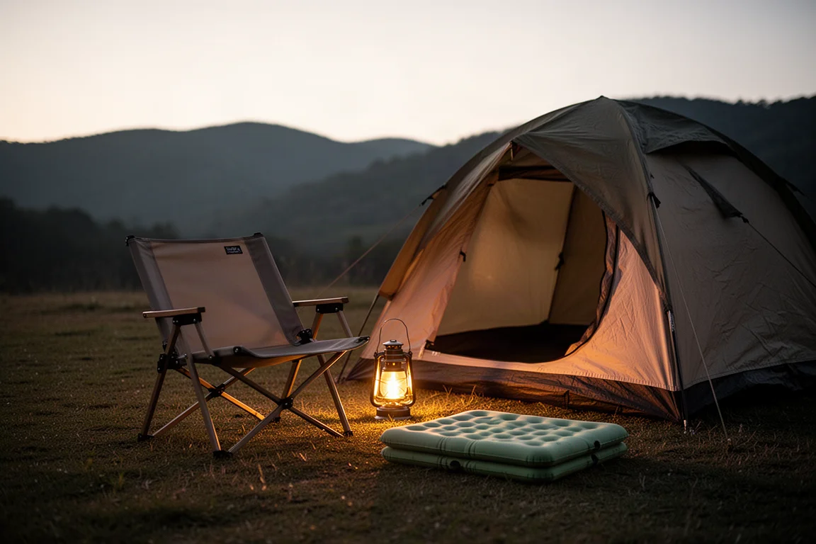 Low camp chair set up beside a small tent at dusk with a folded seat pad on the grass