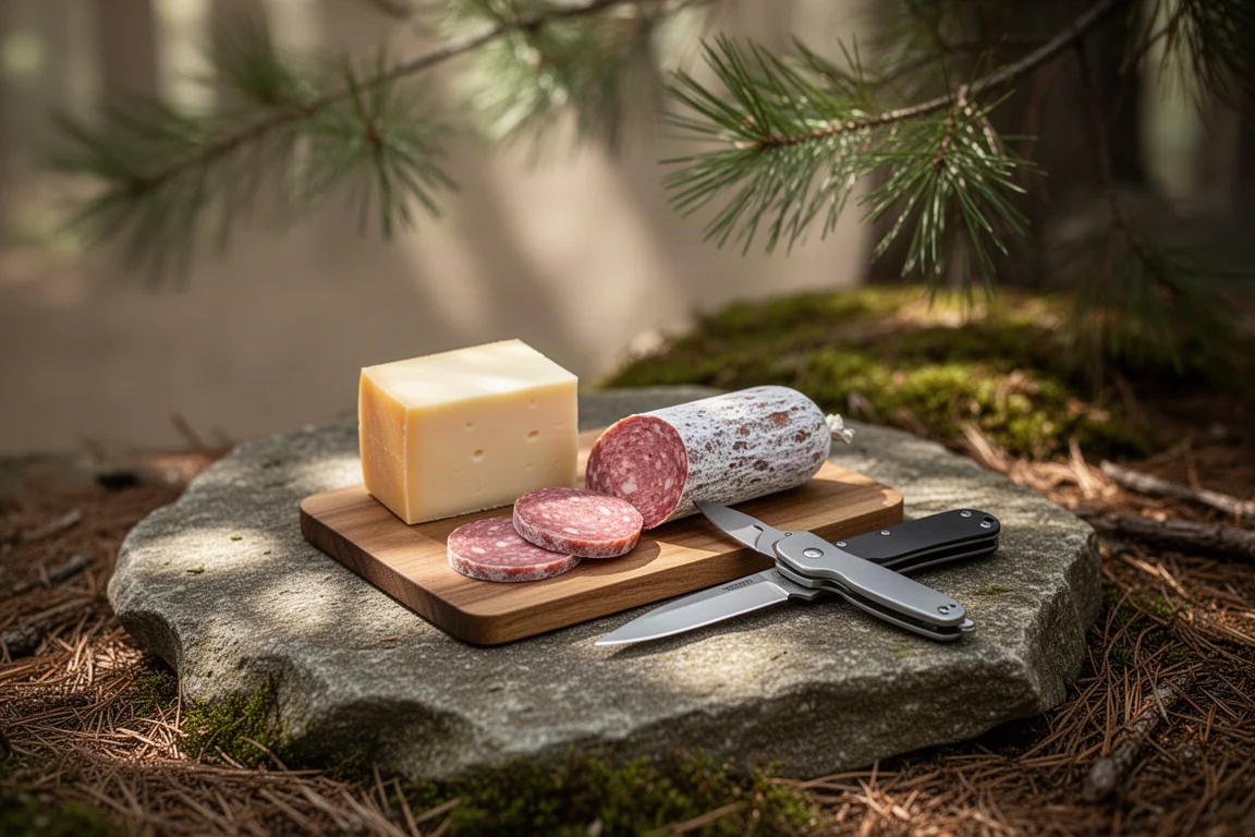 Camp food on a flat rock with a compact folding knife resting nearby in dappled forest light