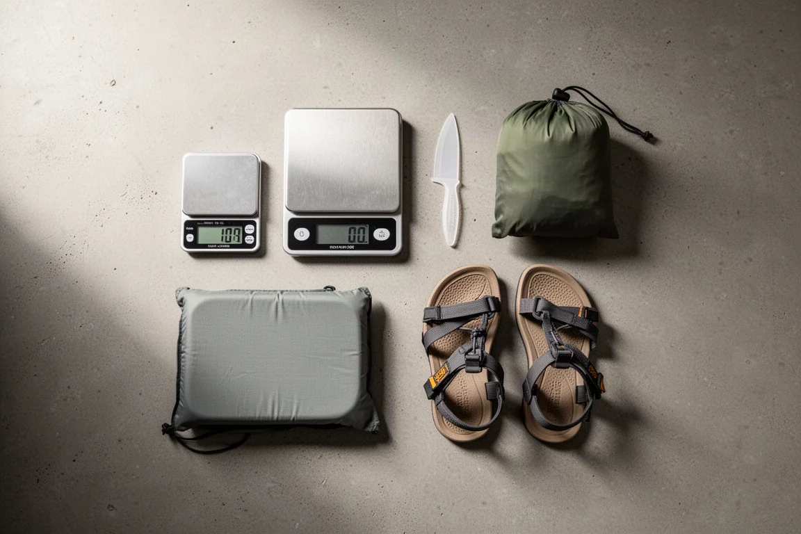 Overhead flat-lay of ultralight backpacking gear and a small digital scale on concrete