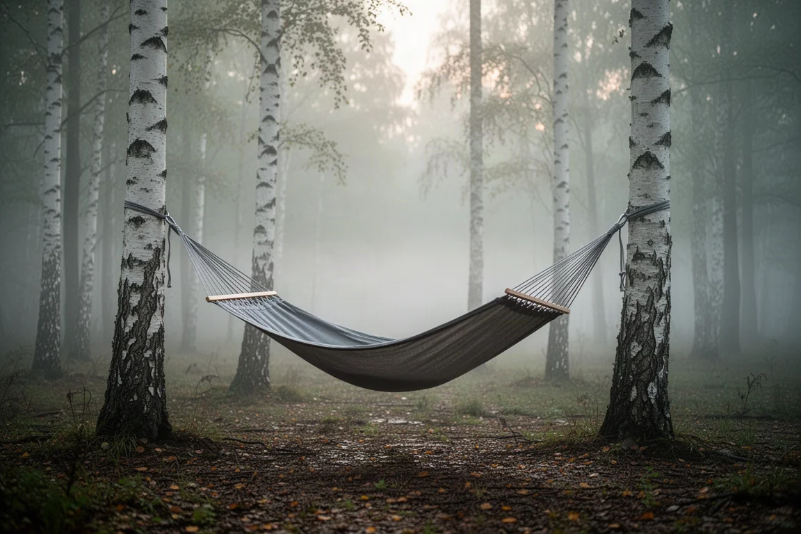 Hammock strung between two birch trees in a misty forest clearing at dawn