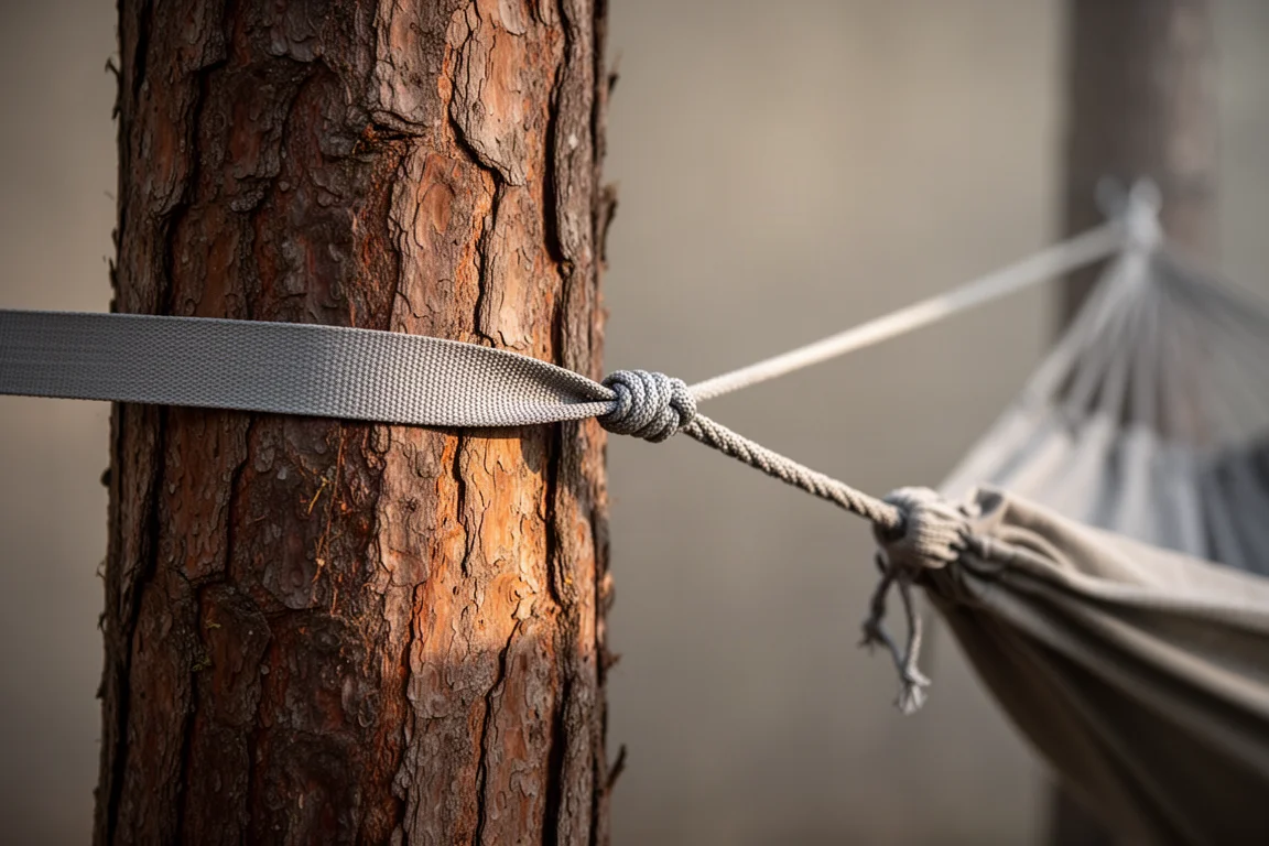 Grey webbing strap wrapped around a rough pine trunk in morning light