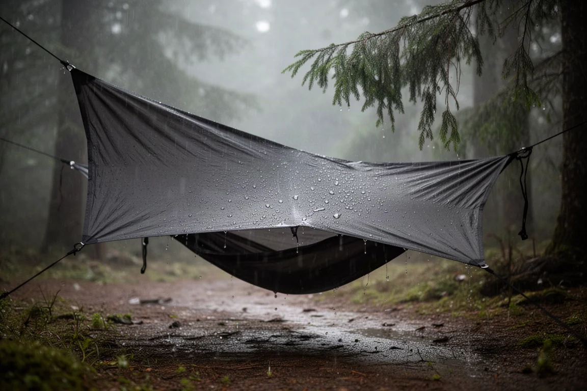 Dark asymmetrical tarp pitched over a hammock in steady rain