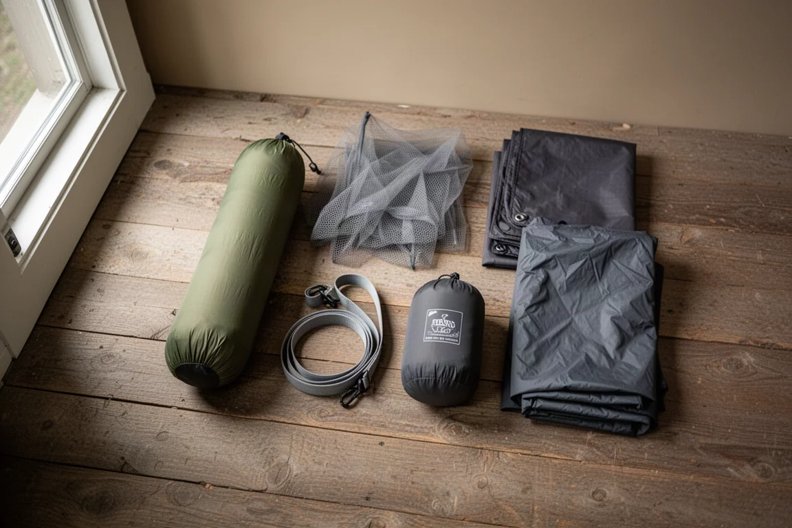 Overhead flat-lay of hammock camping gear and a stuff sack on wooden floor