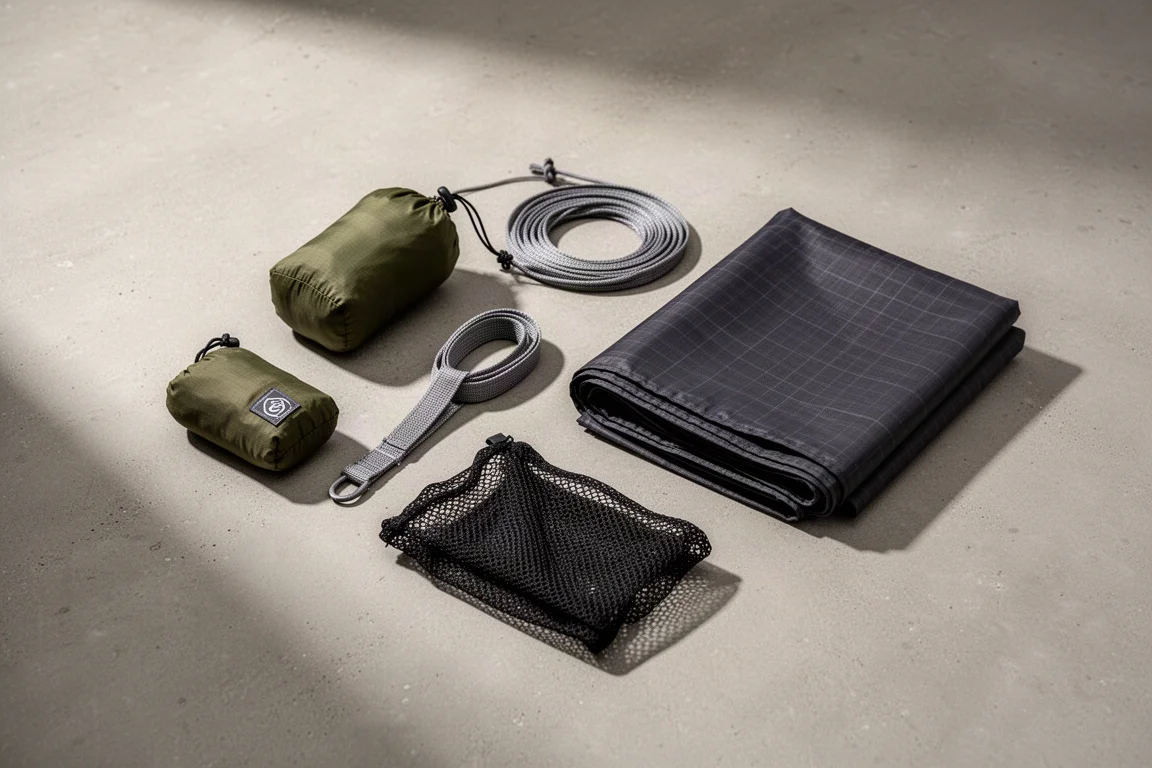 Ultralight hammock camping gear flat-lay on a concrete surface