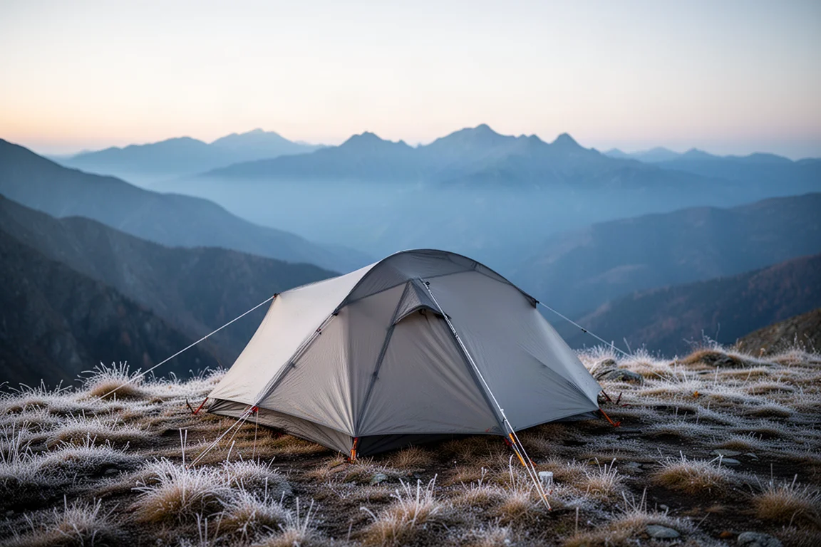 Ultralight tent pitched on a frosty alpine ridge at dusk