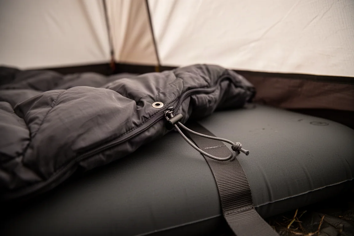 Close-up of quilt neck snap, drawcord and pad strap inside a tent