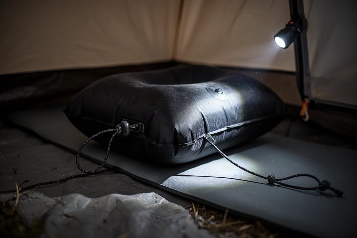 Inflatable pillow secured to a sleeping pad with shock cord inside a tent