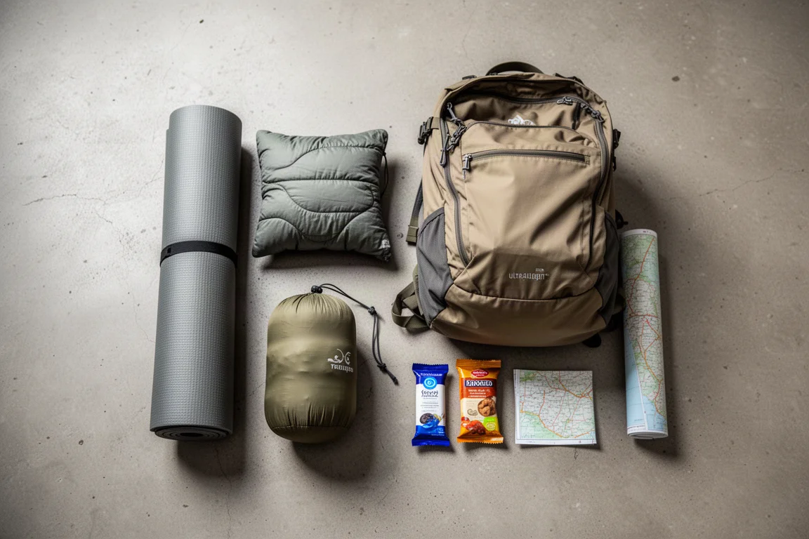 Flat-lay of packed ultralight sleep kit beside an open backpack
