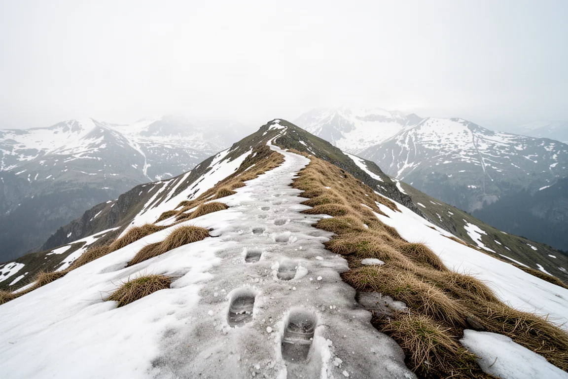 Spring alpine ridge trail with snow and ice patches above distant peaks
