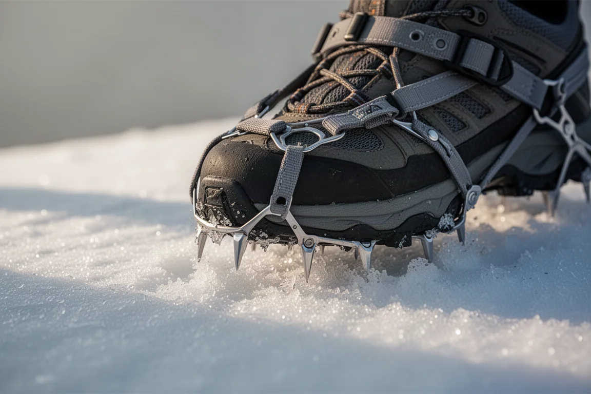 Lightweight microspikes gripping a crust of icy snow in low morning light