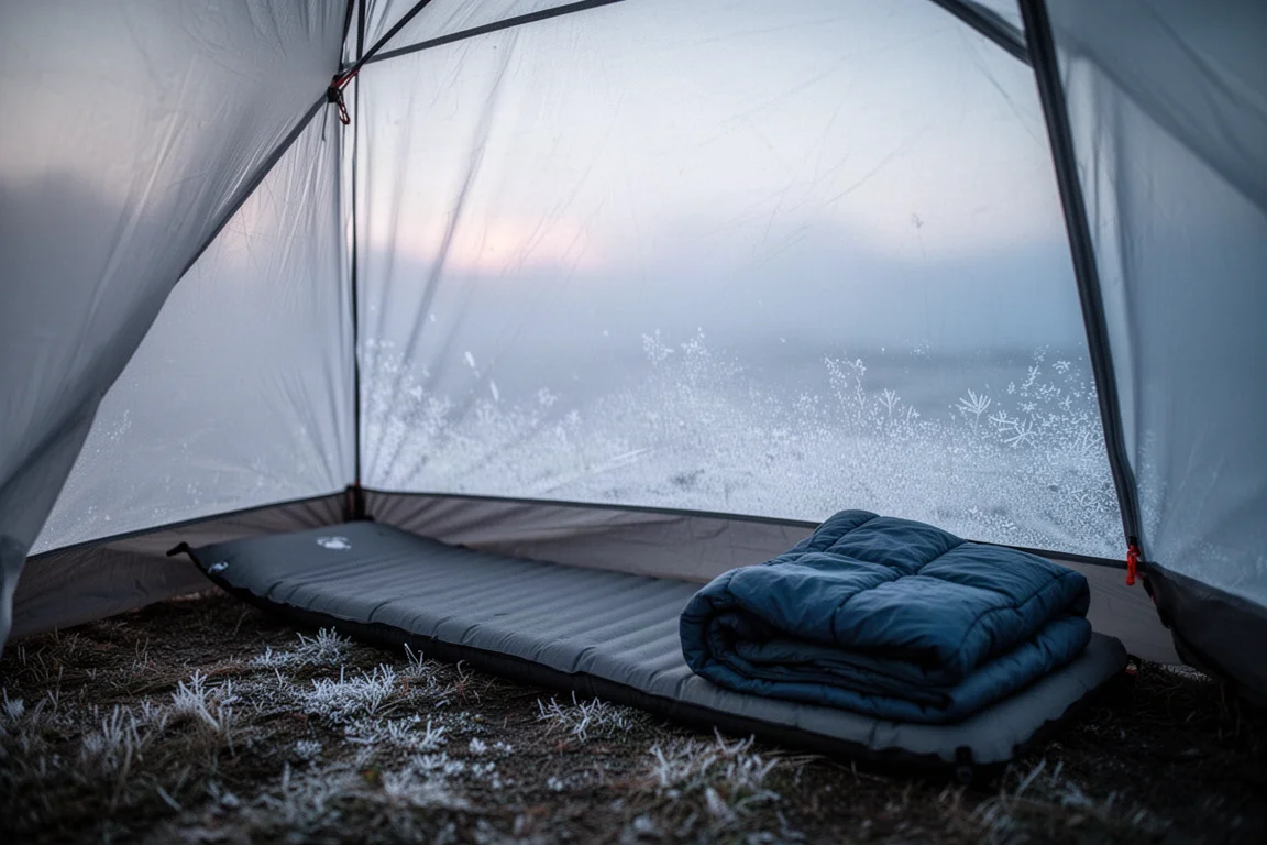 Frost-dusted ultralight tent interior at dawn with sleeping pad and quilt