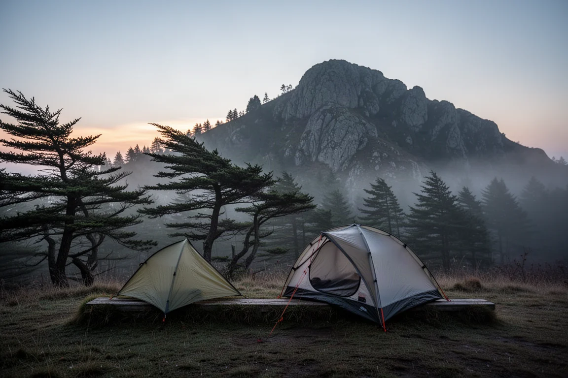 Ultralight tent pitched on a grassy bench beside wind-bent trees at dusk
