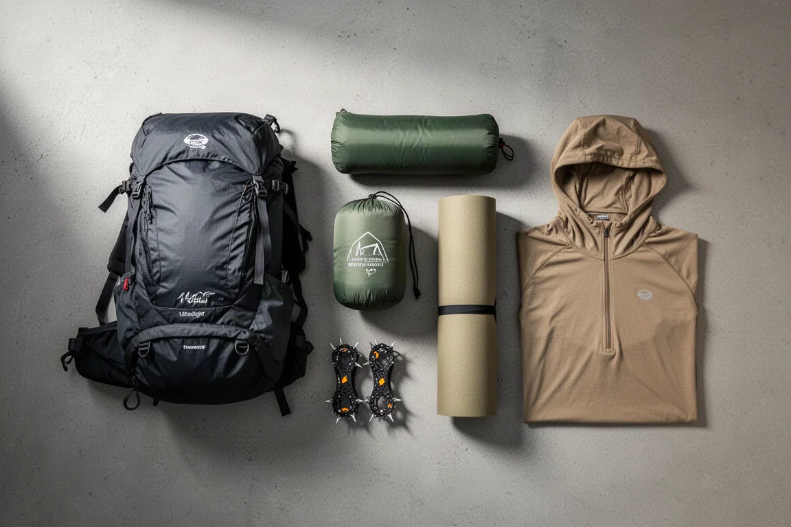 Overhead flat-lay of ultralight backpacking gear on a grey concrete surface