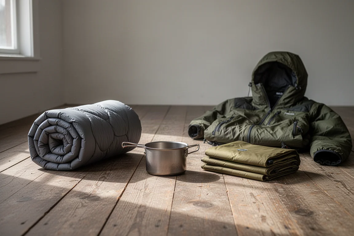 Attrezzatura ultralight da backpacking divisa in gruppi sonno, cucina e riparo su un pavimento in legno
