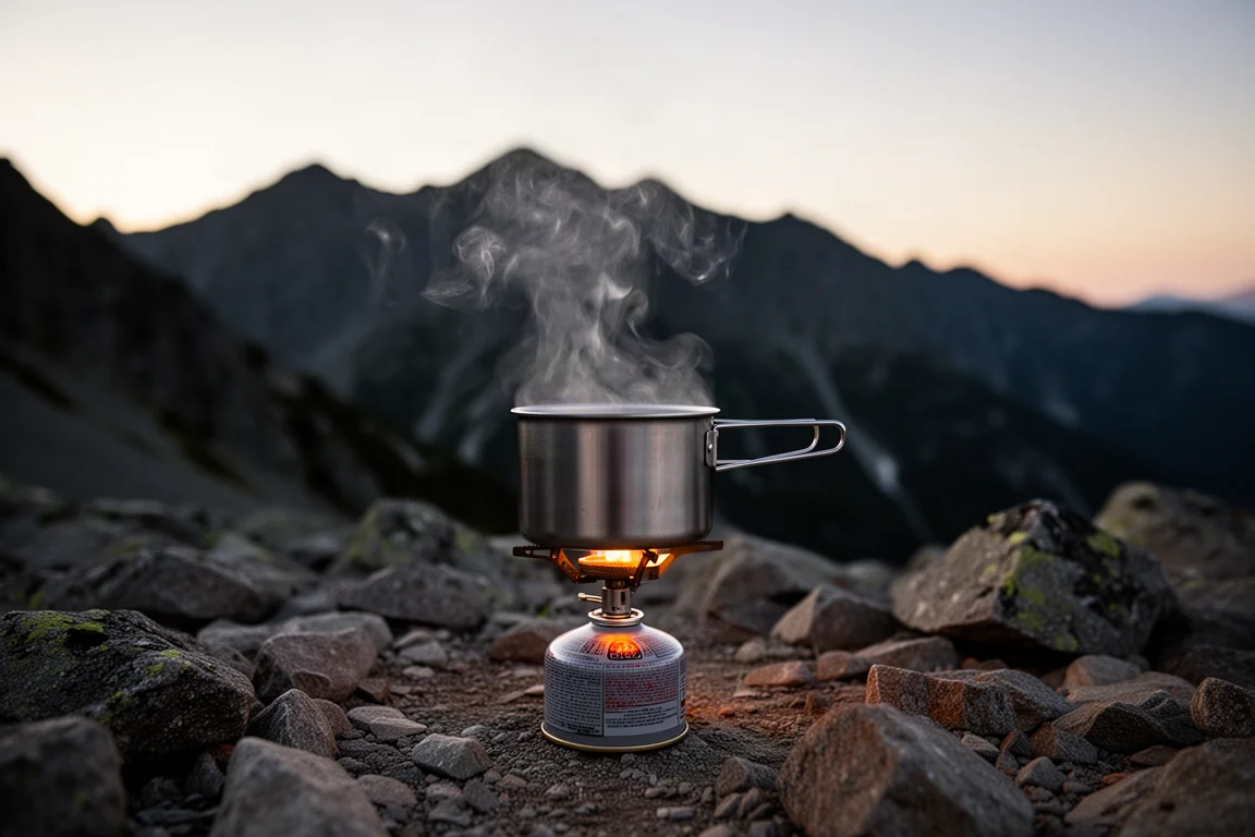 Pentola in titanio che fuma su un fornello a cartuccia in un campeggio alpino roccioso al crepuscolo
