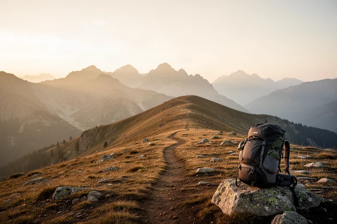 Sentiero a lunga distanza che attraversa un crinale alpino aperto durante l'ora d'oro con cime nella foschia