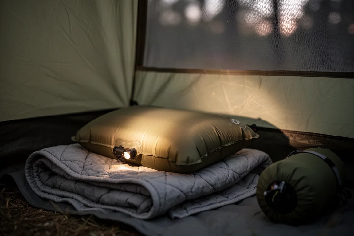 Pequeña almohada de camping inflada dentro de una tienda iluminada por el resplandor cálido de un frontal