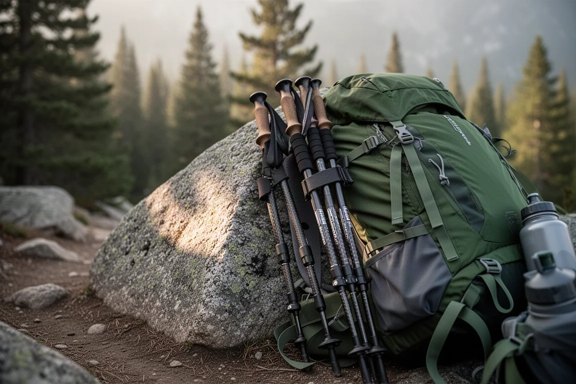 Bastones de trekking de carbono plegados y sujetos a una mochila apoyada en una roca