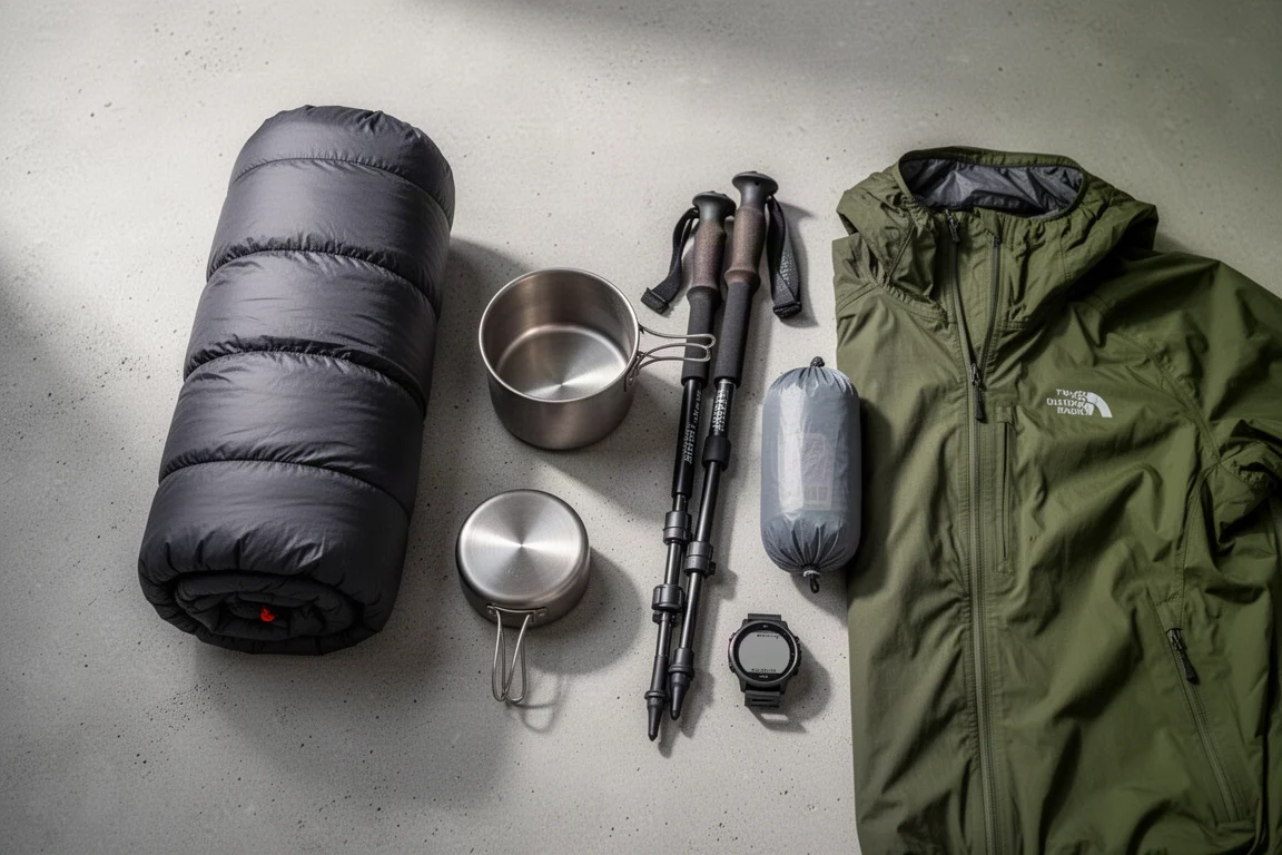 Attrezzatura ultralight per thru-hiking disposta a terra con quilt, pentola in titanio, bastoncino da trekking, riparo e orologio