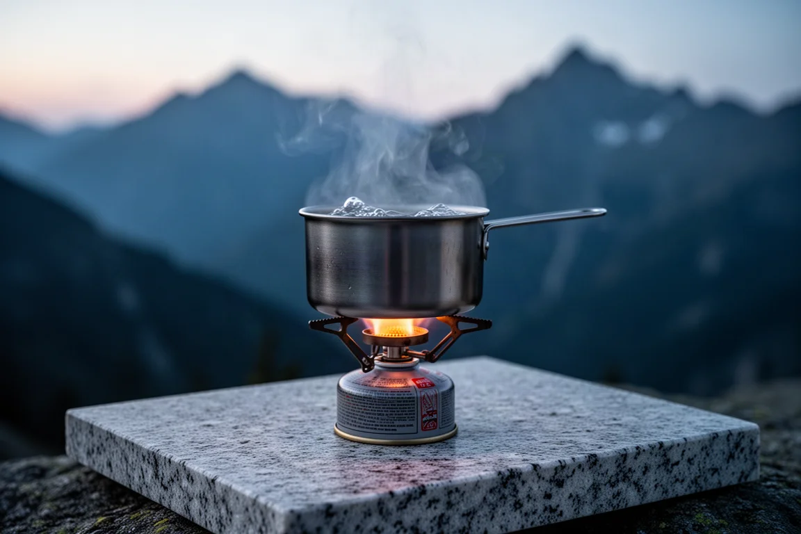 황혼 무렵 화강암 바위 위, 캐니스터 스토브에 올린 작은 티타늄 냄비에서 김이 피어오르는 모습