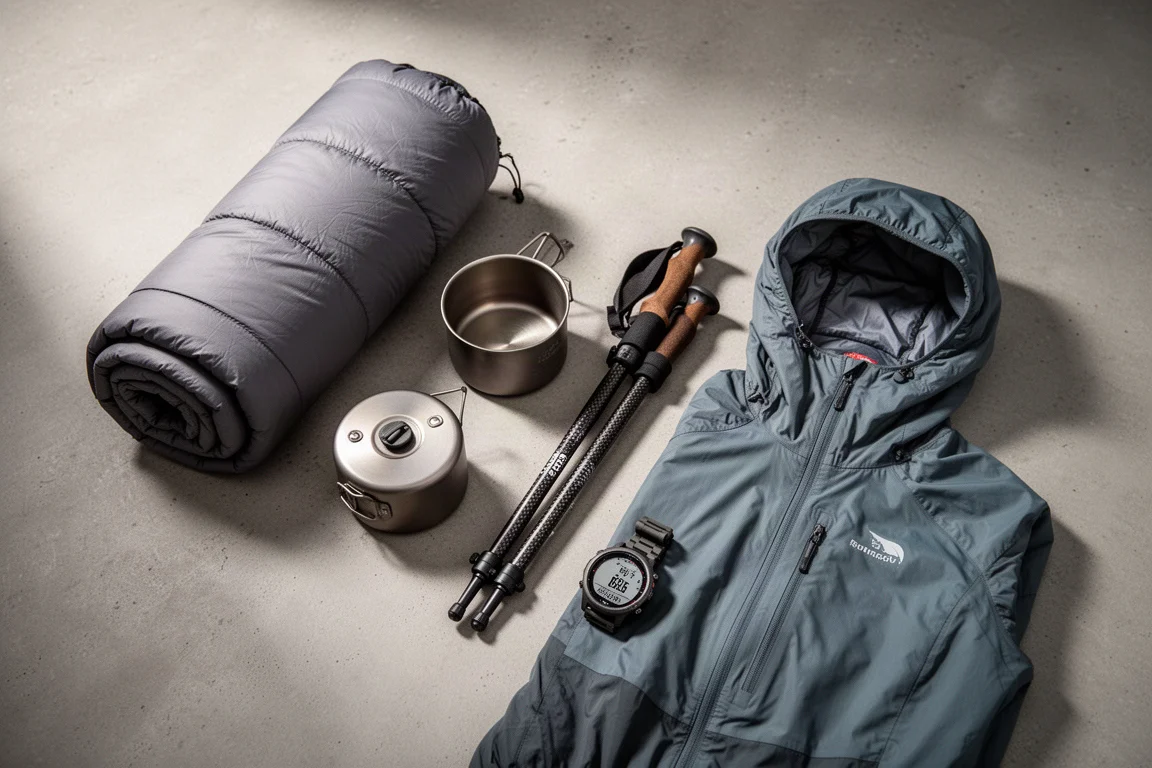 Flat-lay of ultralight backpacking gear including quilt, titanium pot, trekking pole, jacket and GPS watch