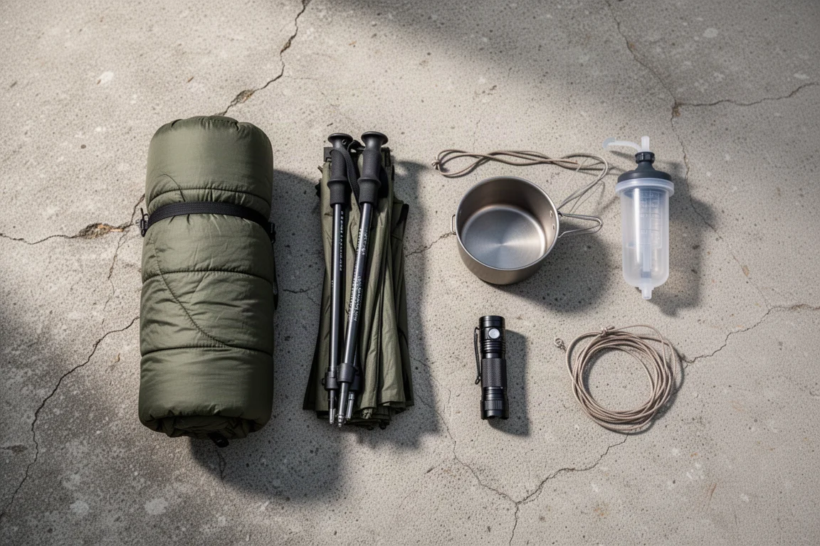 Vista superior de um kit ultralight de mochilão disposto sobre concreto desgastado