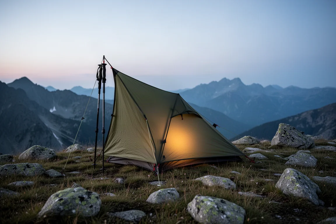 Barraca ultralight de um único bastão montada sozinha numa crista alpina ao anoitecer