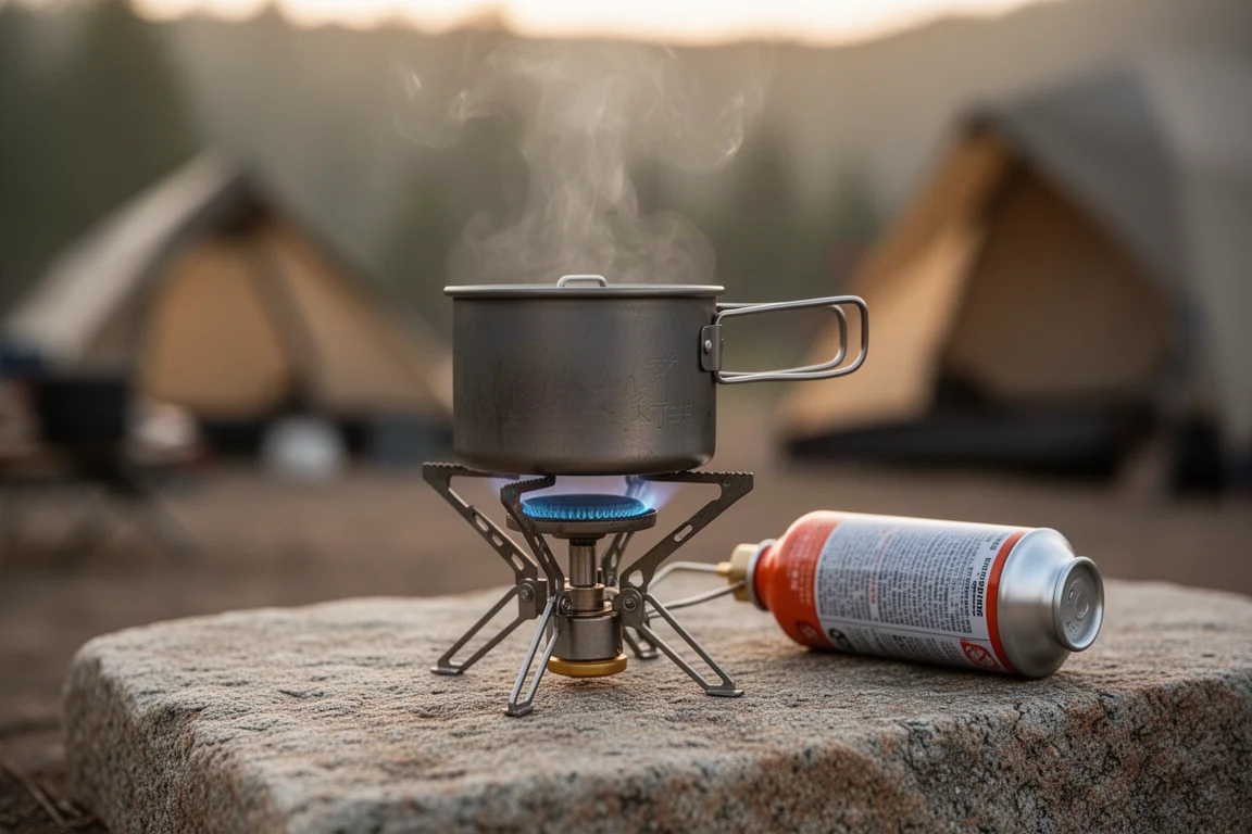 Close de um pequeno fogareiro a cartucho com uma panela de titânio equilibrada sobre chama azul