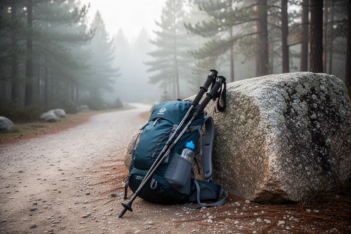 Mochila ultralight carregada apoiada numa pedra na entrada da trilha sob a luz da manhã