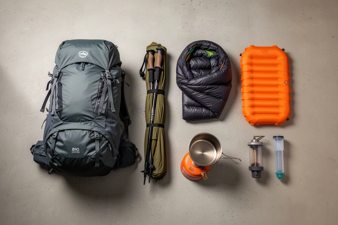 Ultralight thru-hiking gear arranged on a concrete surface