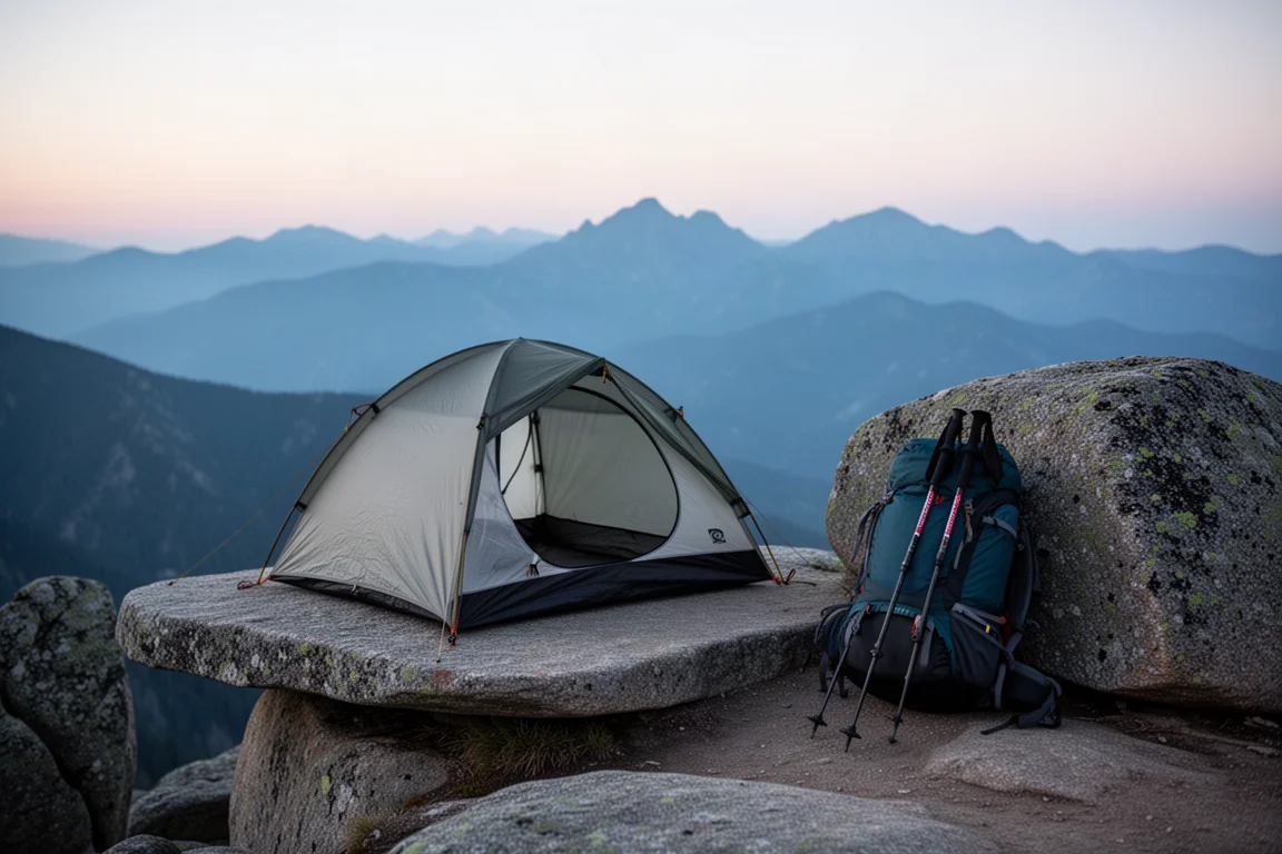 Flach gespanntes ultraleichtes Zelt auf einem Granitgrat in der Abenddämmerung mit Rucksack daneben