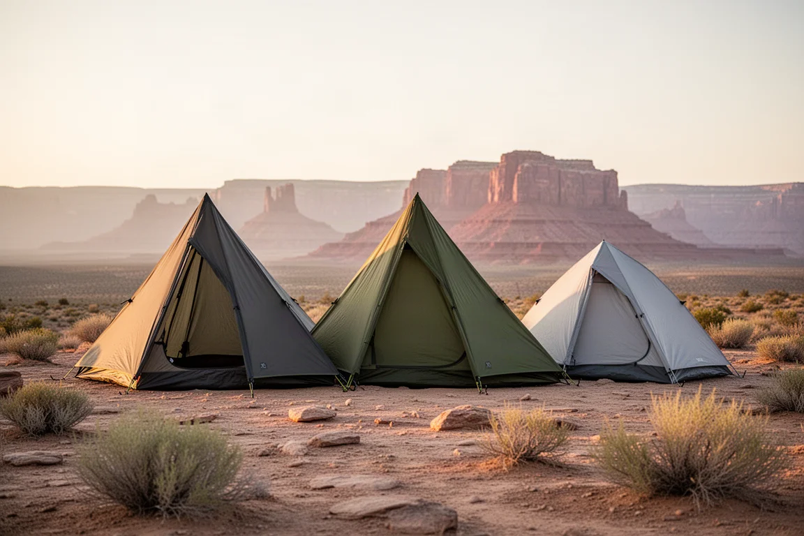 Three ultralight two-person tents pitched on a desert plateau at golden hour