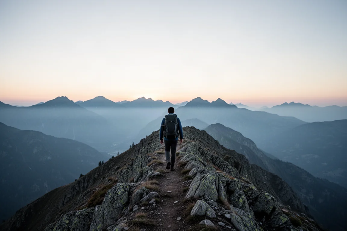 Lone backpacker walking a rocky ridge at dusk with layered mountains behind